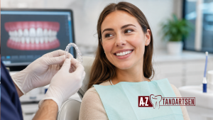Patiënt bij de tandarts tijdens een orthodontische behandeling met transparante Trioclear aligners